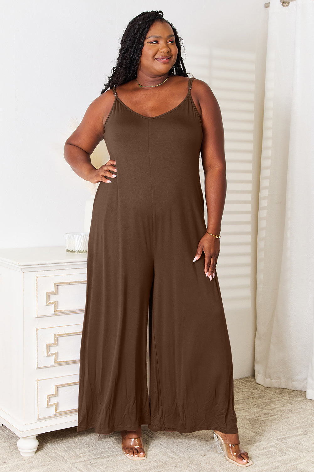 Full Size Spaghetti Strap Tied Wide Leg Jumpsuit