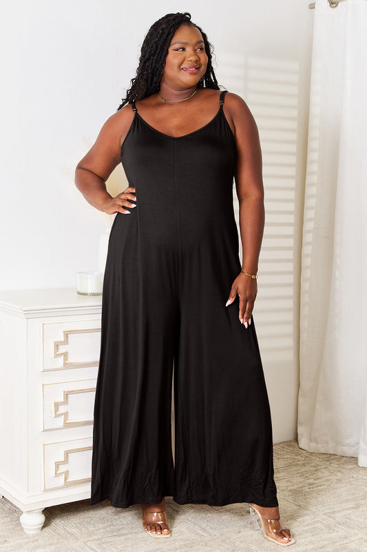 Full Size Spaghetti Strap Tied Wide Leg Jumpsuit