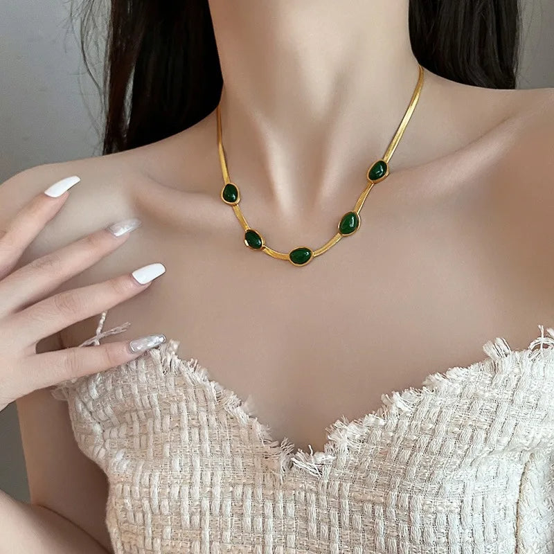 Green Stone Snake Chain Necklace