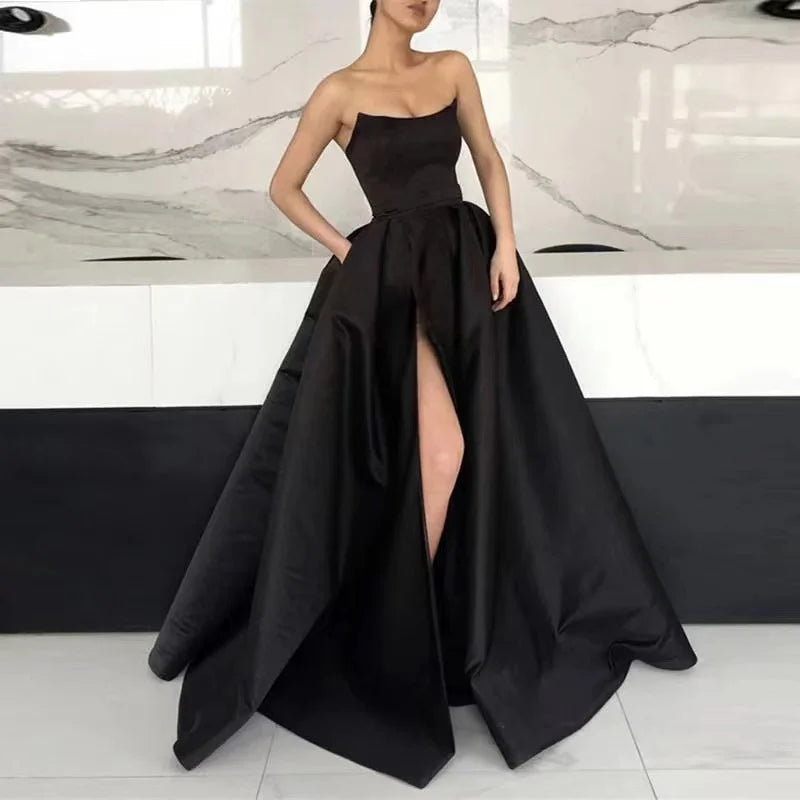 Prom Dresses with Pockets Side Slit Strapless Satin Elegant Long Evening Party Gowns Women Formal Dress