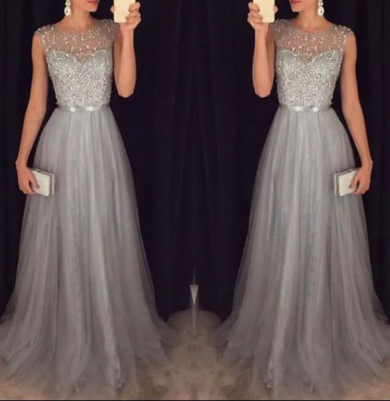 Long Maxi Formal Lace Party Dress Women Elegant O-neck Sequined Bridesmaid Prom Long Dresses