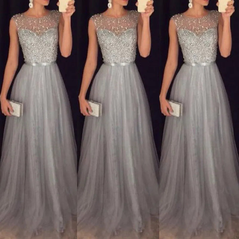 Long Maxi Formal Lace Party Dress Women Elegant O-neck Sequined Bridesmaid Prom Long Dresses