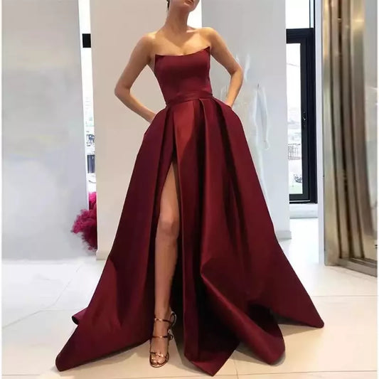 Prom Dresses with Pockets Side Slit Strapless Satin Elegant Long Evening Party Gowns Women Formal Dress
