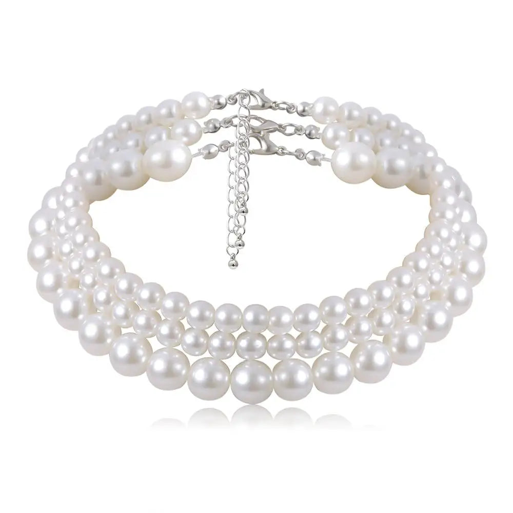 Multi-Layer White Imitation Pearl Necklace Bead  Chain  Ladies Wedding Short Clavicle Necklace Charm Banquet Jewelry