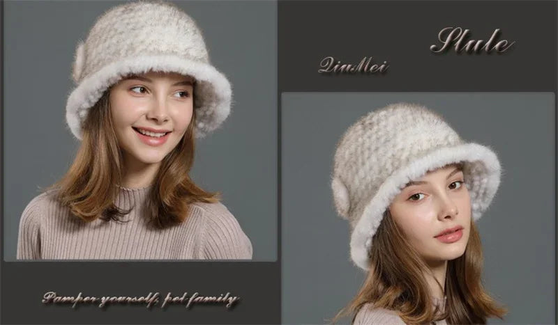 Real Mink Fur Hat Cap Sun Hat For Women  New Female Cap Winter Knitted Mink Fur Hat Brand Thick Hats