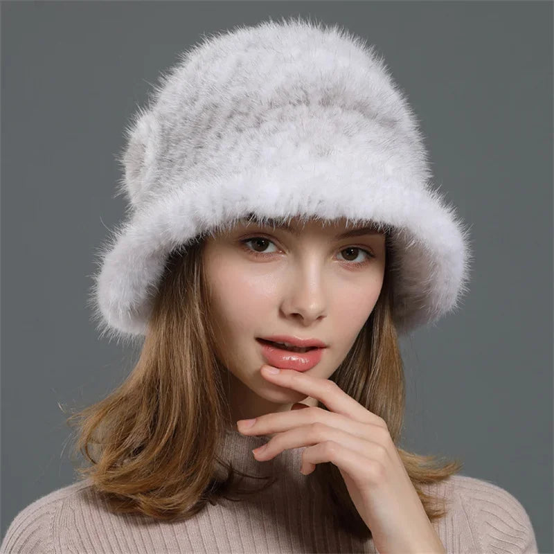 Real Mink Fur Hat Cap Sun Hat For Women  New Female Cap Winter Knitted Mink Fur Hat Brand Thick Hats