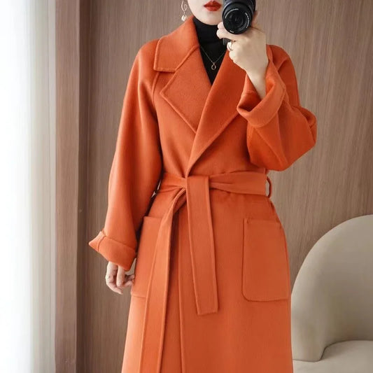 Women's Wear 100% Wool Coat Autumn/Winter Fashion Temperament Double sided Cashmere Coats with Belt Elegant Long Overcoat