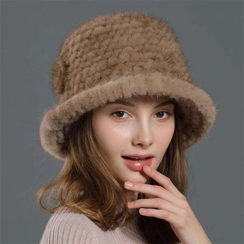 Real Mink Fur Hat Cap Sun Hat For Women  New Female Cap Winter Knitted Mink Fur Hat Brand Thick Hats