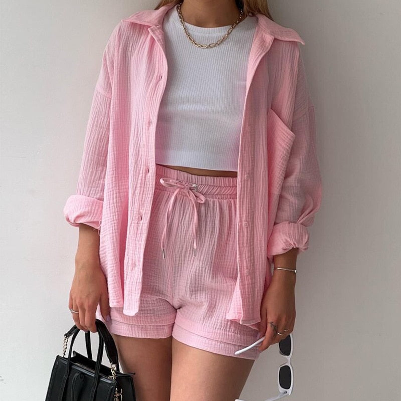 Solid Pleated Two-Piece Set For Women Casual Long Sleeves and Shorts Outfit