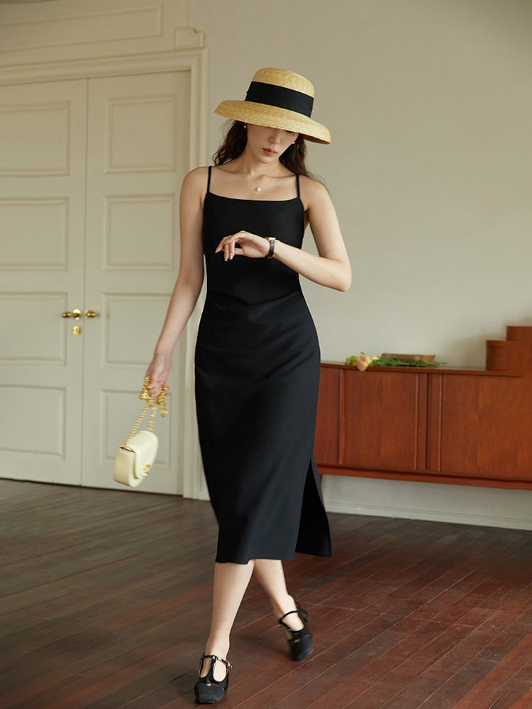 Long Black Sheath Design Adjustable Strap Dress