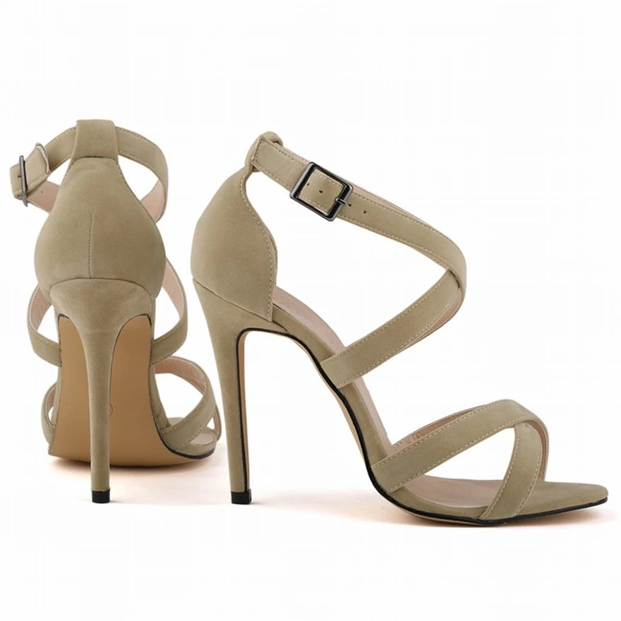 Strappy Women Sandals Summer Fashion Buckle Solid Flock High Heels Shoes Women Sexy Cross Cut-Outs Party Pumps Dress