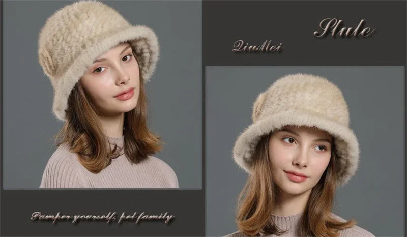 Real Mink Fur Hat Cap Sun Hat For Women  New Female Cap Winter Knitted Mink Fur Hat Brand Thick Hats