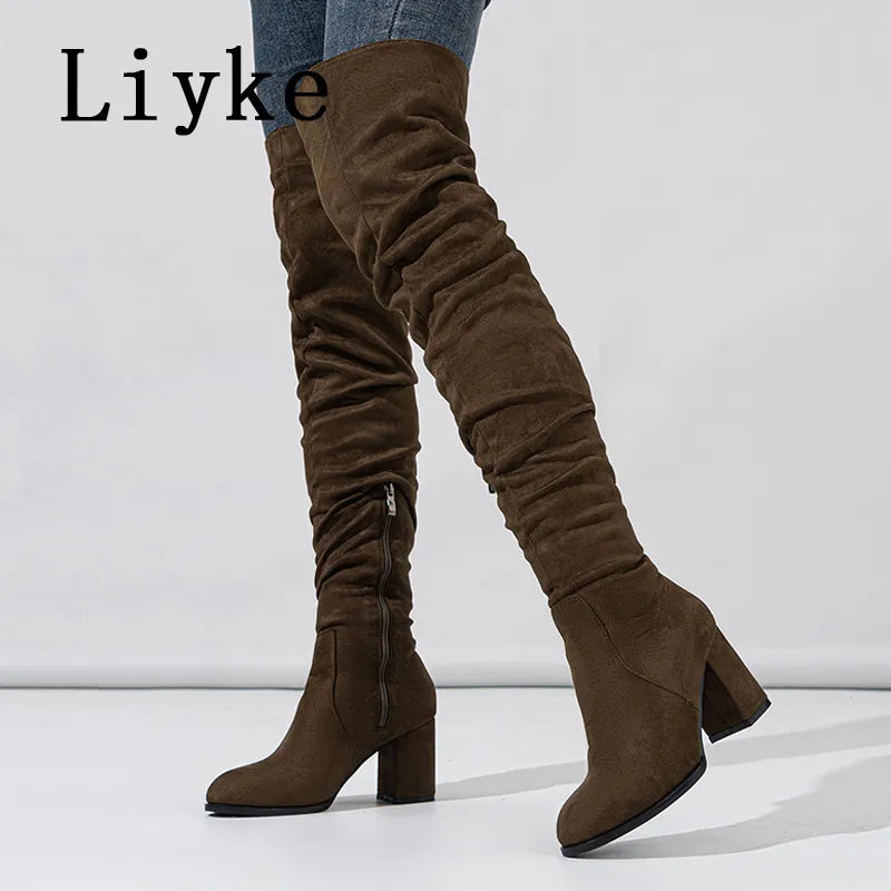 Liyke Thigh High Boots Women Chunky Heels Over The Knee