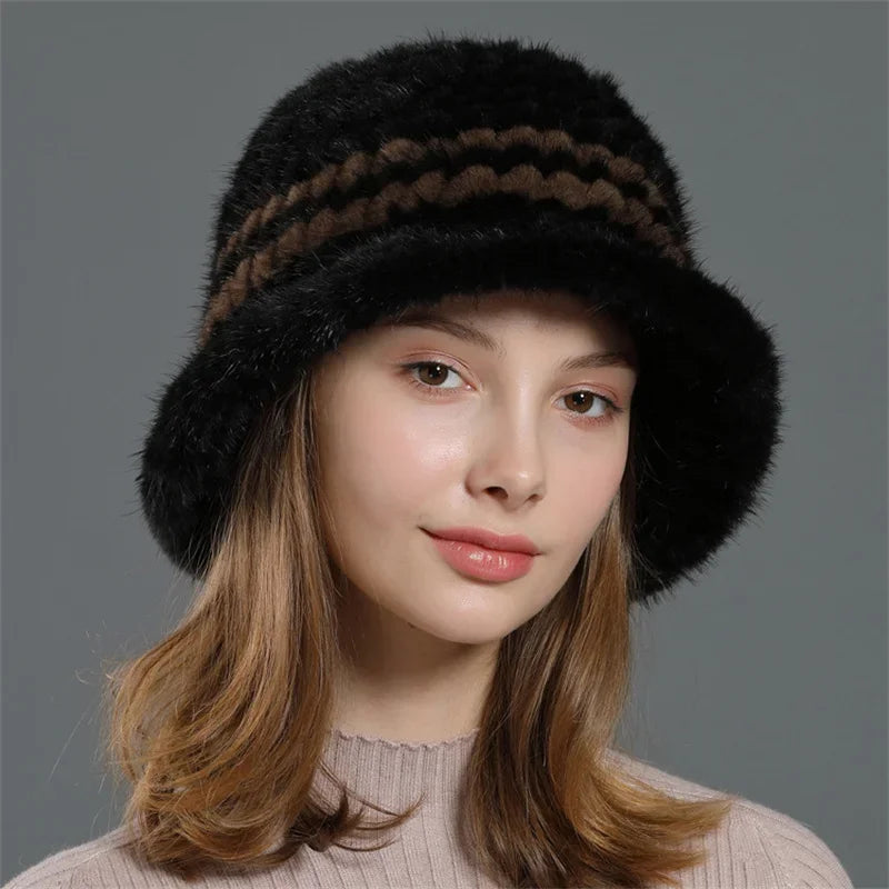 Real Mink Fur Hat Cap Sun Hat For Women  New Female Cap Winter Knitted Mink Fur Hat Brand Thick Hats