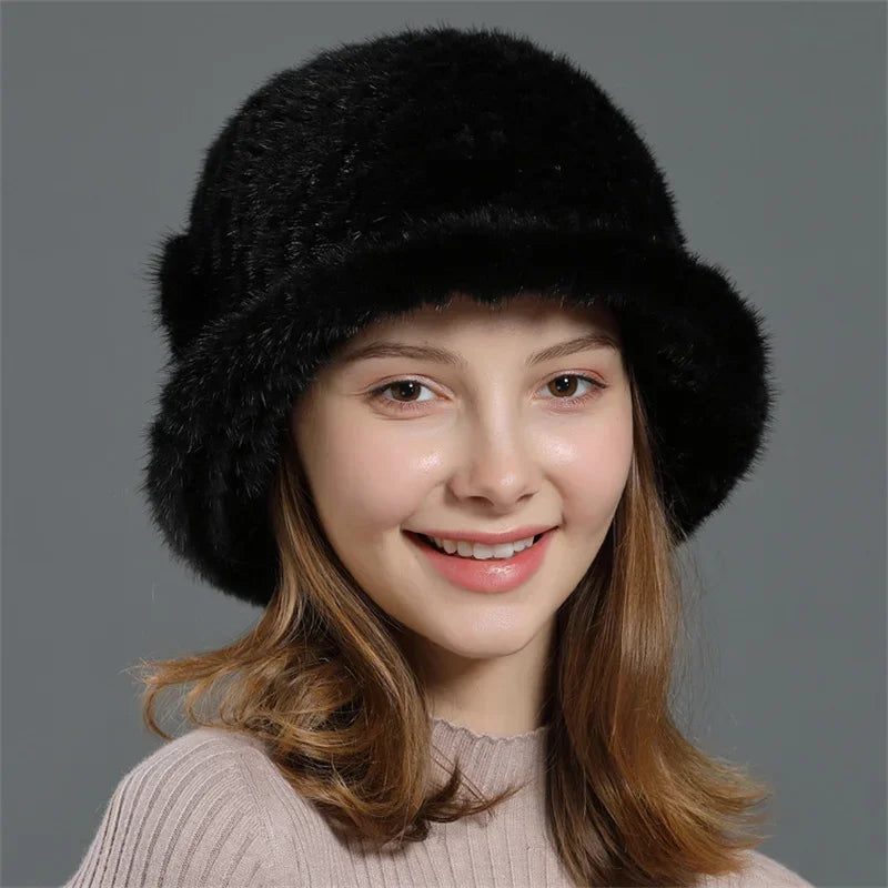 Real Mink Fur Hat Cap Sun Hat For Women  New Female Cap Winter Knitted Mink Fur Hat Brand Thick Hats