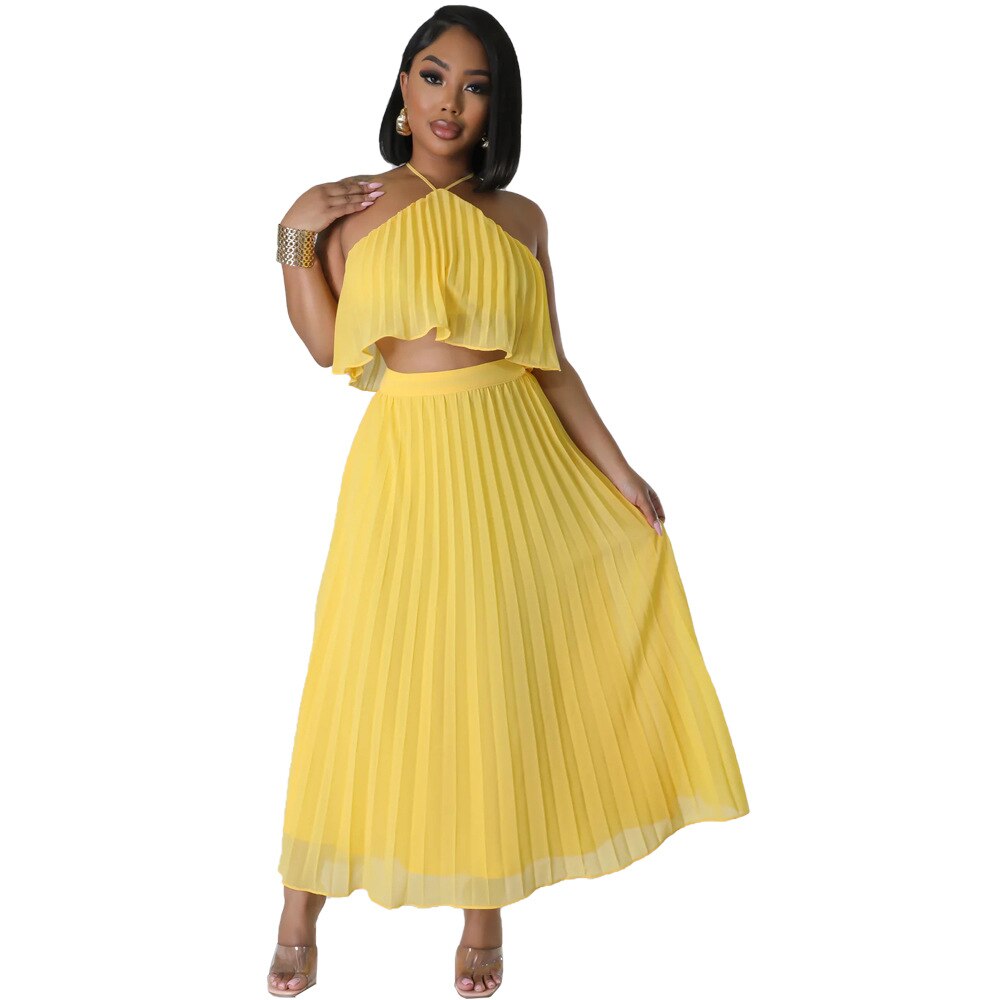 Sustainable Pleated 2 Piece Set Women Solid Two Piece Outfit Halter Top Maxi Skirt Pleated Set