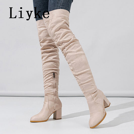 Liyke Thigh High Boots Women Chunky Heels Over The Knee