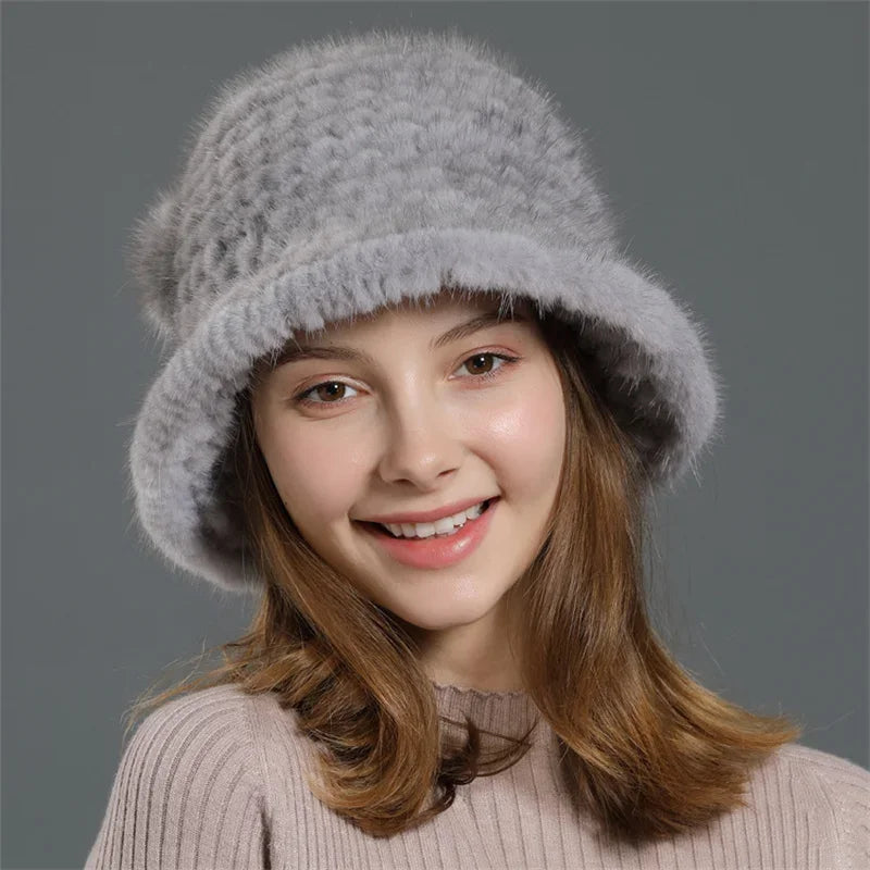 Real Mink Fur Hat Cap Sun Hat For Women  New Female Cap Winter Knitted Mink Fur Hat Brand Thick Hats