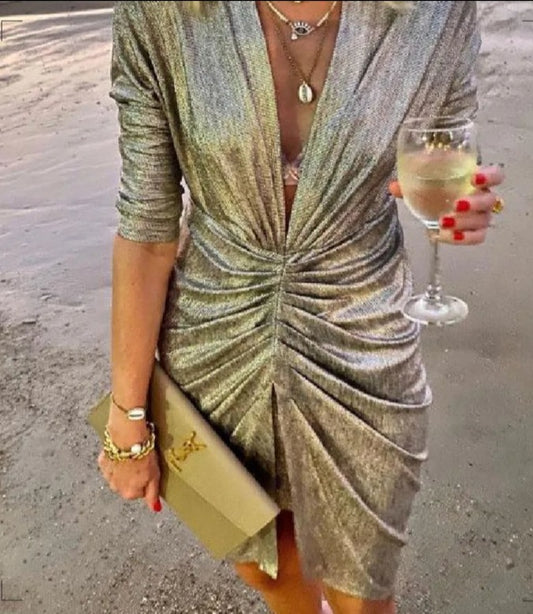 Elegant Bright Silk Long Sleeve Ruched Mini Dress Women Sexy Deep V Slit Night Club Party Evening Dress