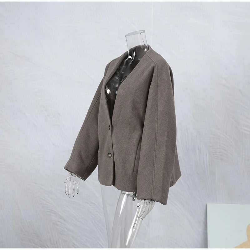 Women's Fashion V Neck Warm Coat Elegant Button Long Sleeve Pocket Loose Jacket Female Casual Fall Winter High Street Outerwear