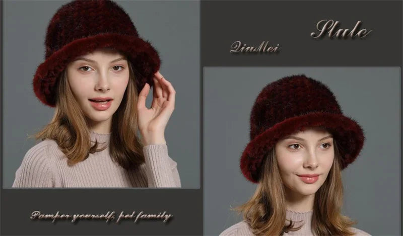 Real Mink Fur Hat Cap Sun Hat For Women  New Female Cap Winter Knitted Mink Fur Hat Brand Thick Hats