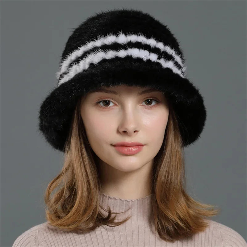 Real Mink Fur Hat Cap Sun Hat For Women  New Female Cap Winter Knitted Mink Fur Hat Brand Thick Hats