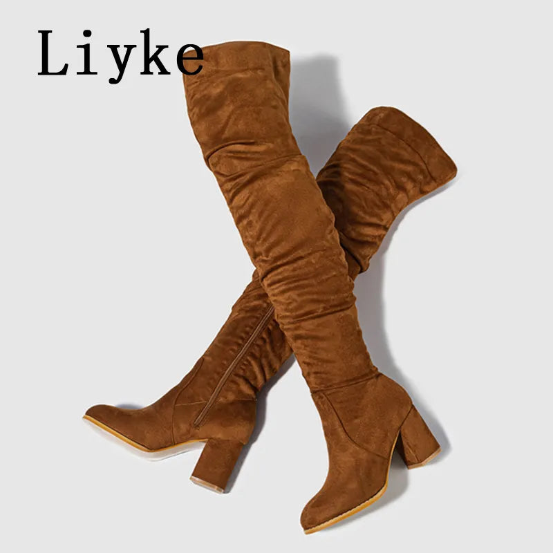 Liyke Thigh High Boots Women Chunky Heels Over The Knee