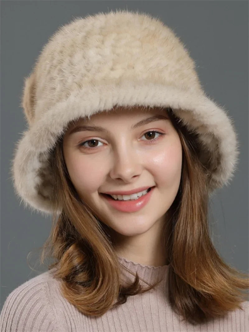 Real Mink Fur Hat Cap Sun Hat For Women  New Female Cap Winter Knitted Mink Fur Hat Brand Thick Hats