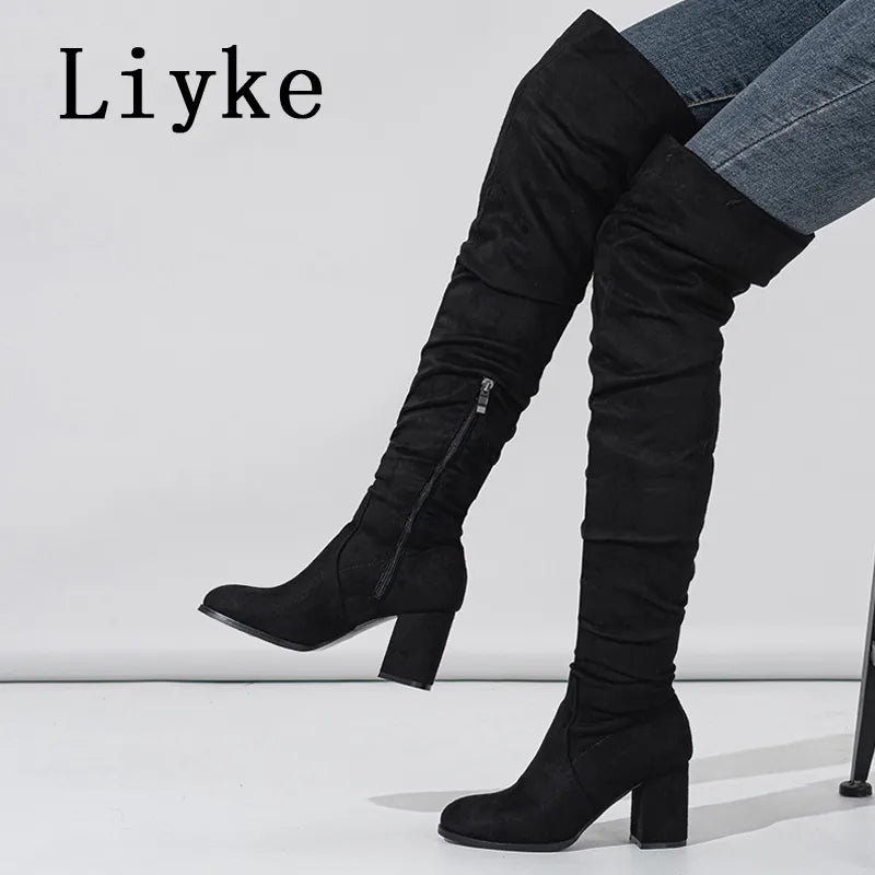 Liyke Thigh High Boots Women Chunky Heels Over The Knee