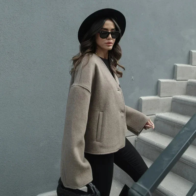 Women's Fashion V Neck Warm Coat Elegant Button Long Sleeve Pocket Loose Jacket Female Casual Fall Winter High Street Outerwear