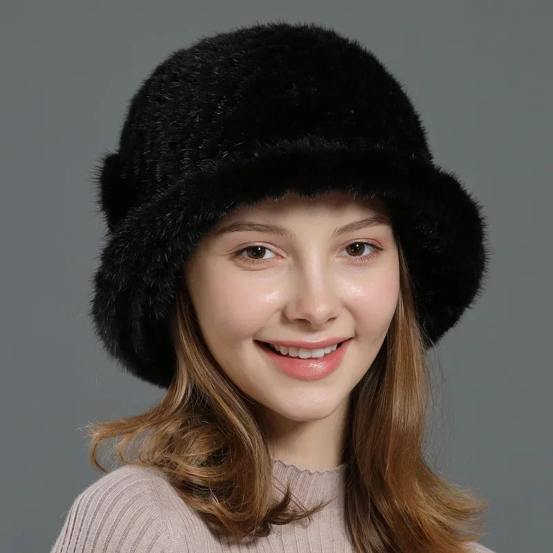 Real Mink Fur Hat Cap Sun Hat For Women  New Female Cap Winter Knitted Mink Fur Hat Brand Thick Hats