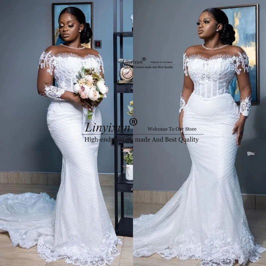 White Mermaid Wedding Dress Elegant Sheer Long Sleeve Bridal Gowns Lace Court Train Vestido De Novia