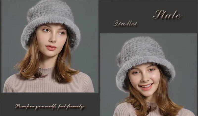 Real Mink Fur Hat Cap Sun Hat For Women  New Female Cap Winter Knitted Mink Fur Hat Brand Thick Hats