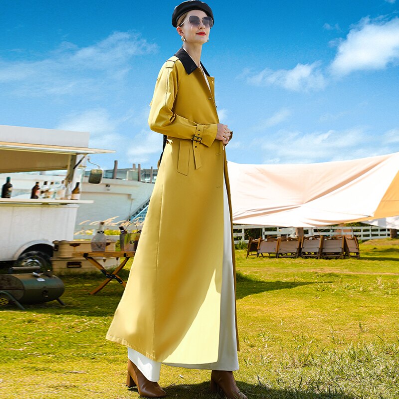 Yellow Spring Trench Coat Women's Single Breasted Coat Turn-down Collar Outwear
