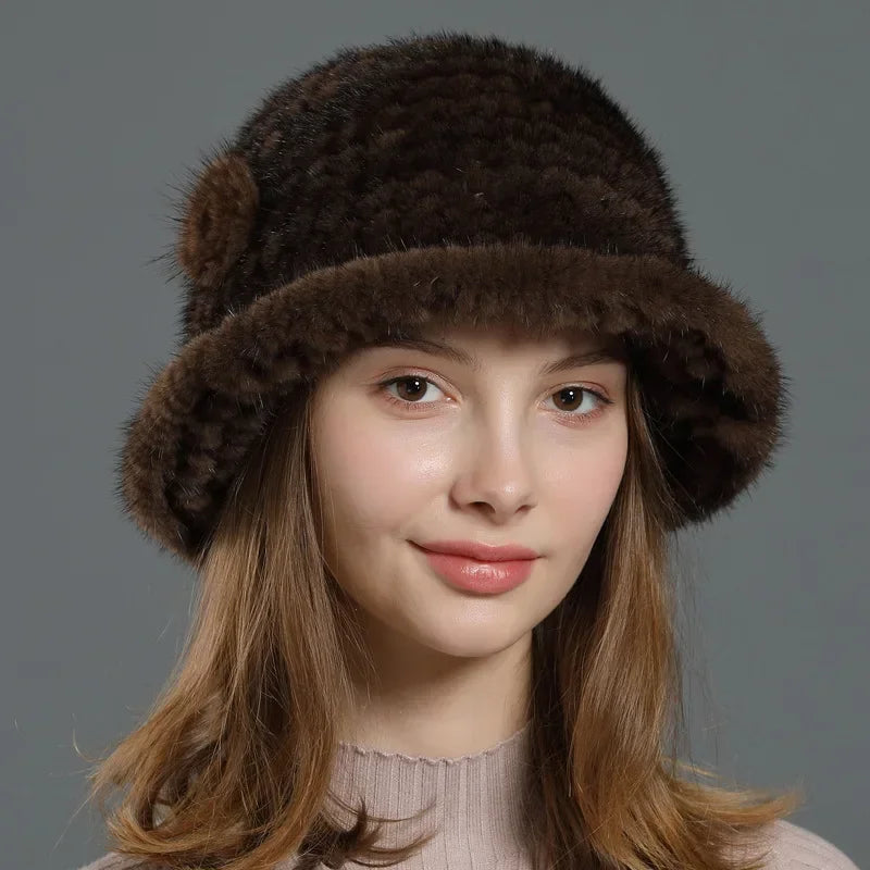 Real Mink Fur Hat Cap Sun Hat For Women  New Female Cap Winter Knitted Mink Fur Hat Brand Thick Hats