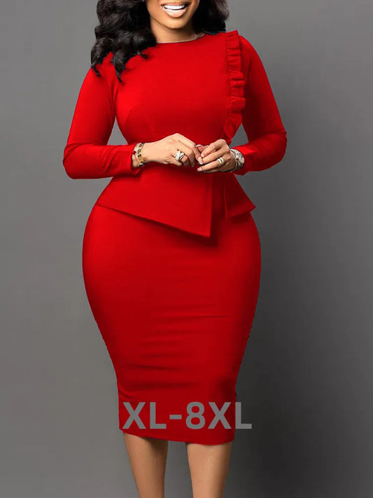 Plus Size Women's Midi Dress with Long Sleeves