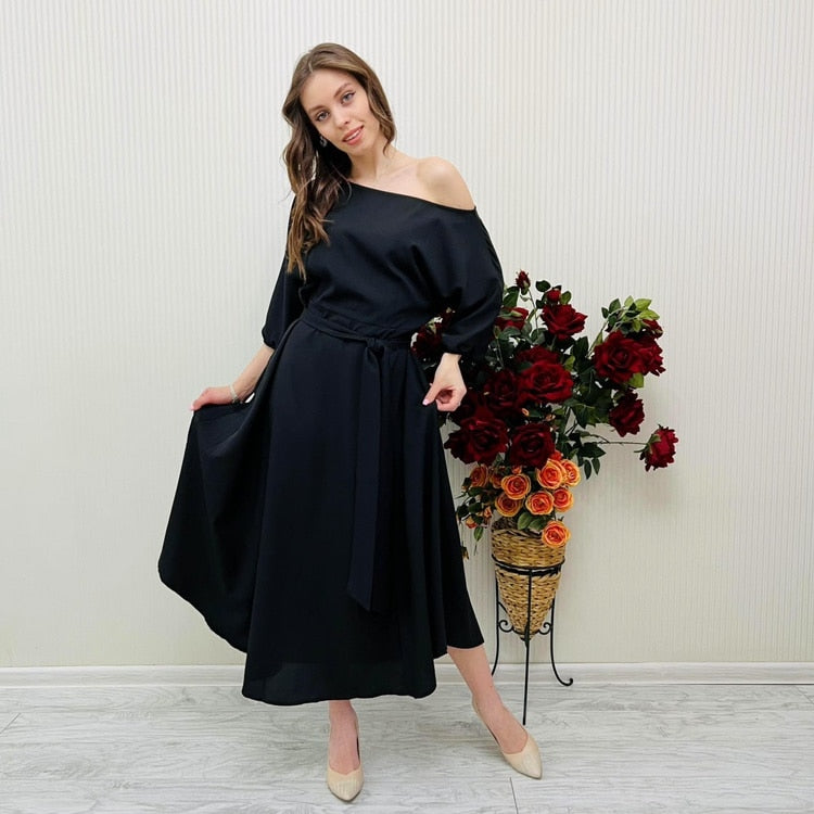 Elegant Women's Ankle Length Dress Off Shoulder A-line Dresses Female New Fashion Clothes