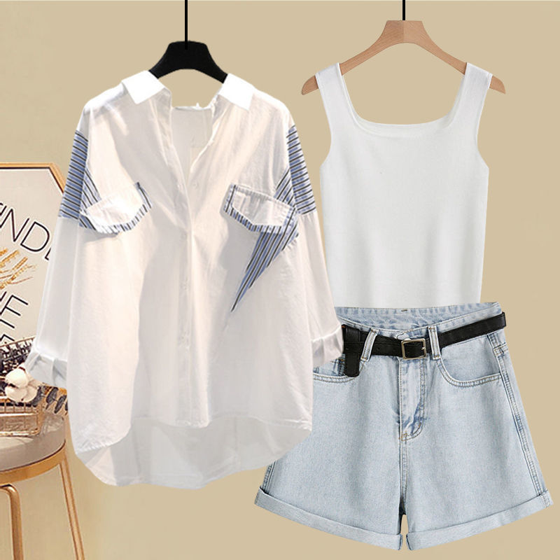Women's Summer Fashion Ensemble Tank with White Sun Shirt and Casual Denim Shorts