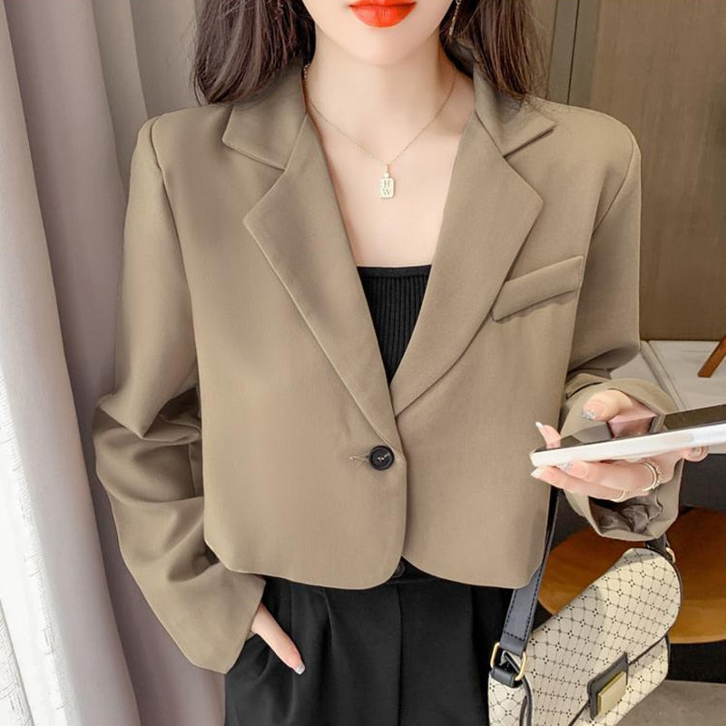 Cropped Casual Blazer Women's Solid Color  Single-button Long Sleeve