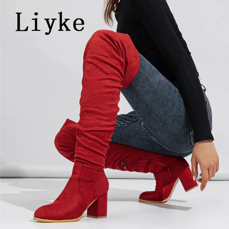 Liyke Thigh High Boots Women Chunky Heels Over The Knee