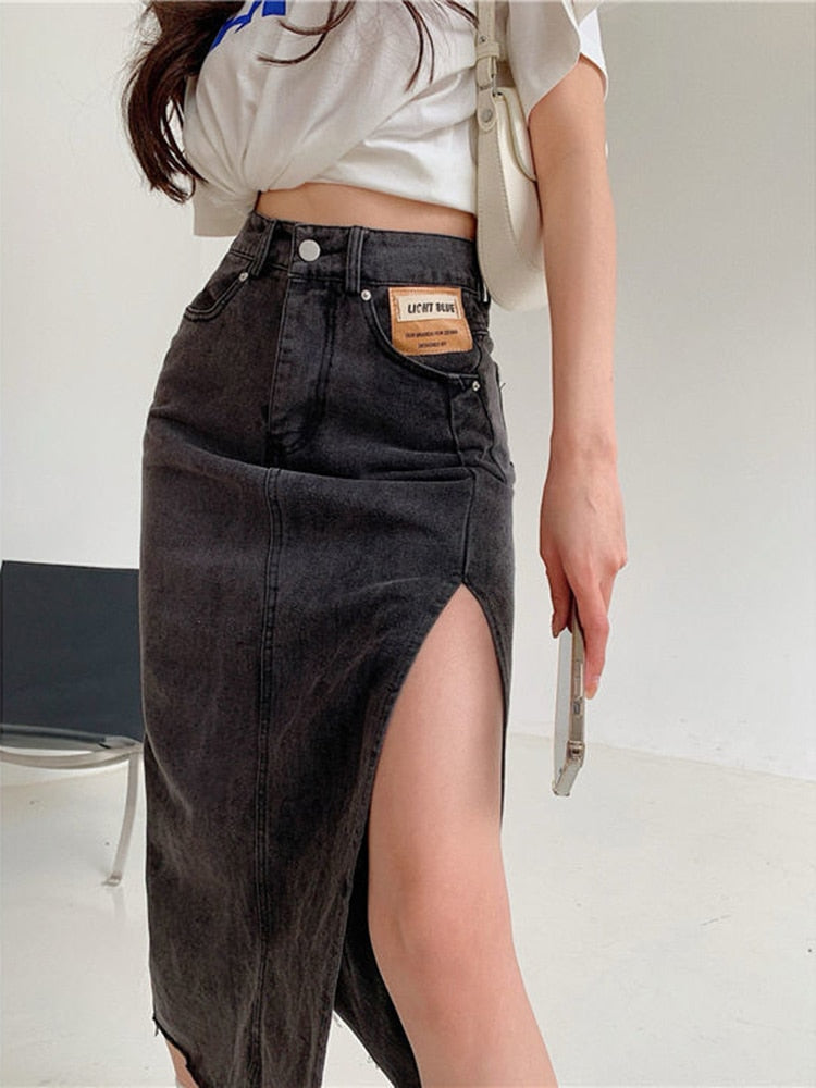 Midi Jeans Skirt Women's Denim Skirts Vintage Midi Skirt Side Split Women Long