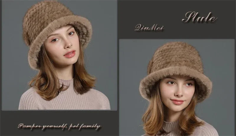 Real Mink Fur Hat Cap Sun Hat For Women  New Female Cap Winter Knitted Mink Fur Hat Brand Thick Hats