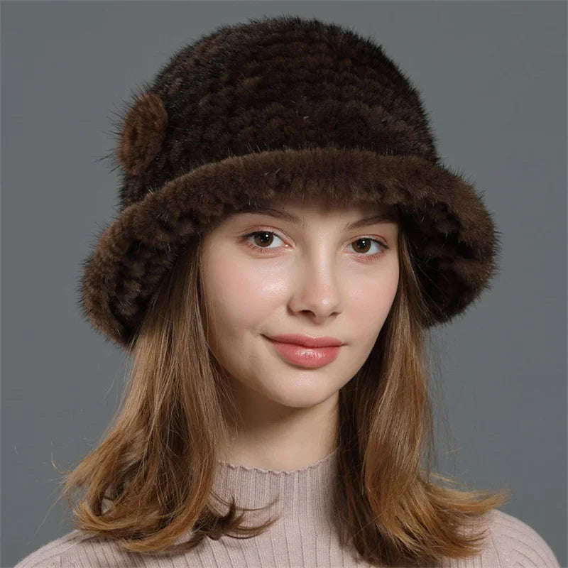 Real Mink Fur Hat Cap Sun Hat For Women  New Female Cap Winter Knitted Mink Fur Hat Brand Thick Hats