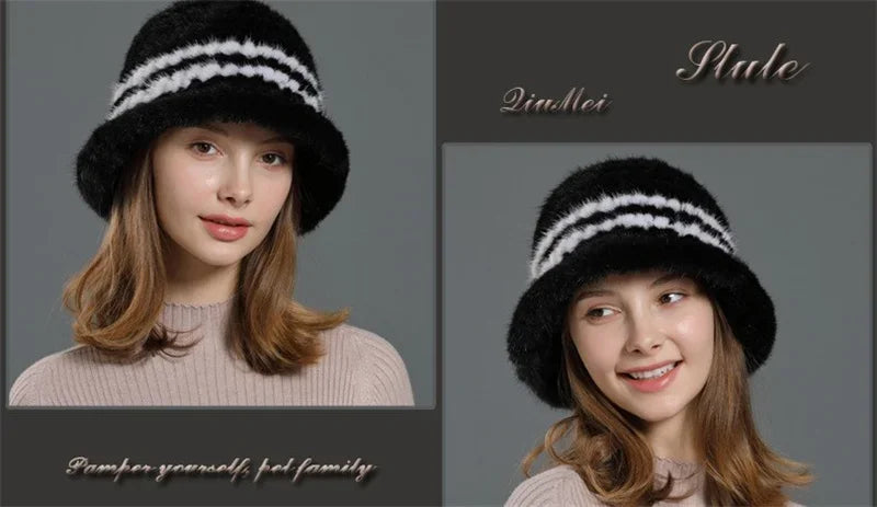 Real Mink Fur Hat Cap Sun Hat For Women  New Female Cap Winter Knitted Mink Fur Hat Brand Thick Hats