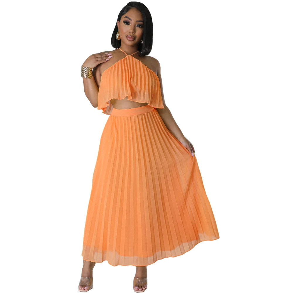 Sustainable Pleated 2 Piece Set Women Solid Two Piece Outfit Halter Top Maxi Skirt Pleated Set