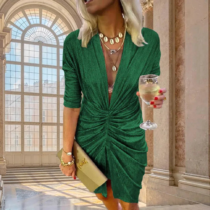 Elegant Bright Silk Long Sleeve Ruched Mini Dress Women Sexy Deep V Slit Night Club Party Evening Dress