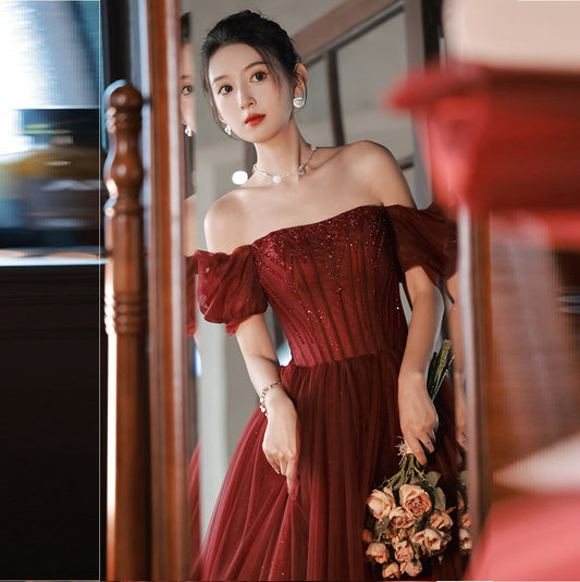 Luxury Wine Red, Off-Shoulder Formal Party Dress