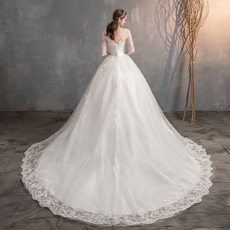 V-Neck High Waist Wedding Dress with Oval Train