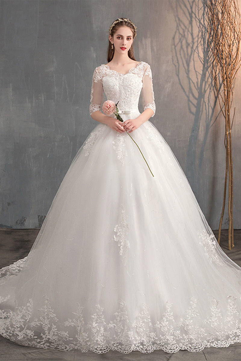 V-Neck High Waist Wedding Dress with Oval Train