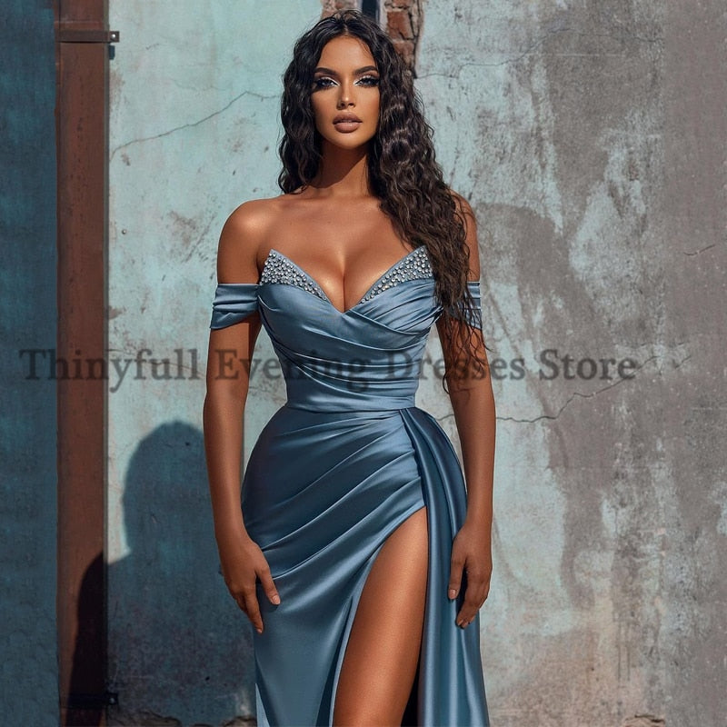 Off-Shoulder Beaded Side Slit Long Dress (Plus Size Available)